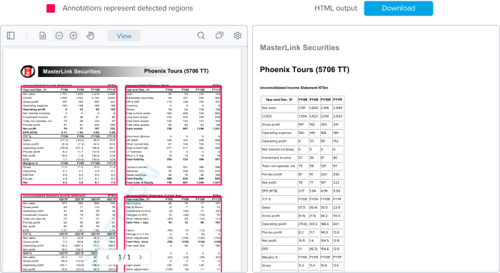 Annotated output of table extraction