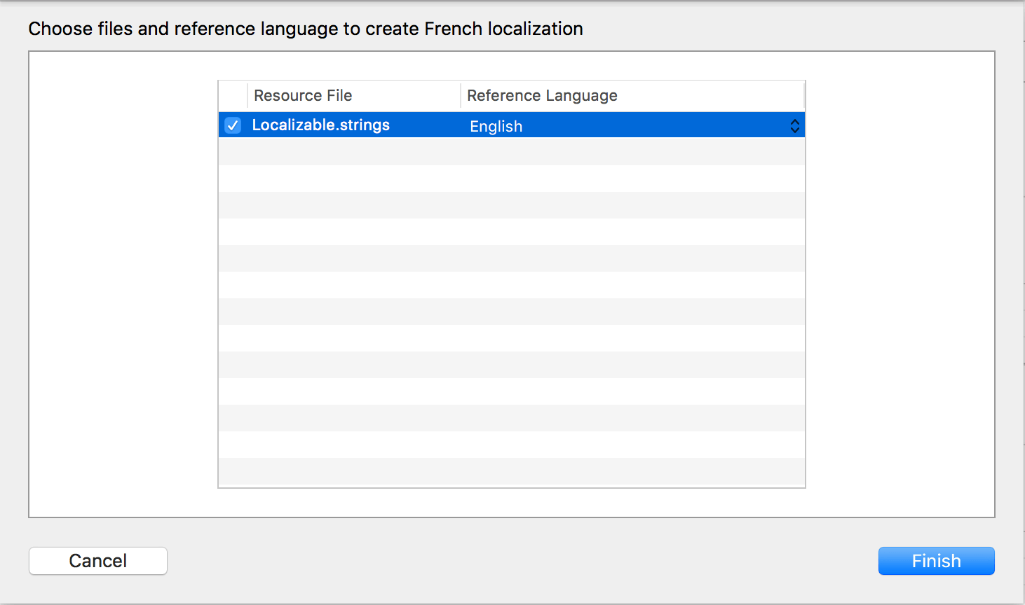 Select the files for the new localization