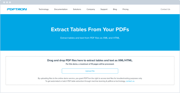 The table extract web interface
