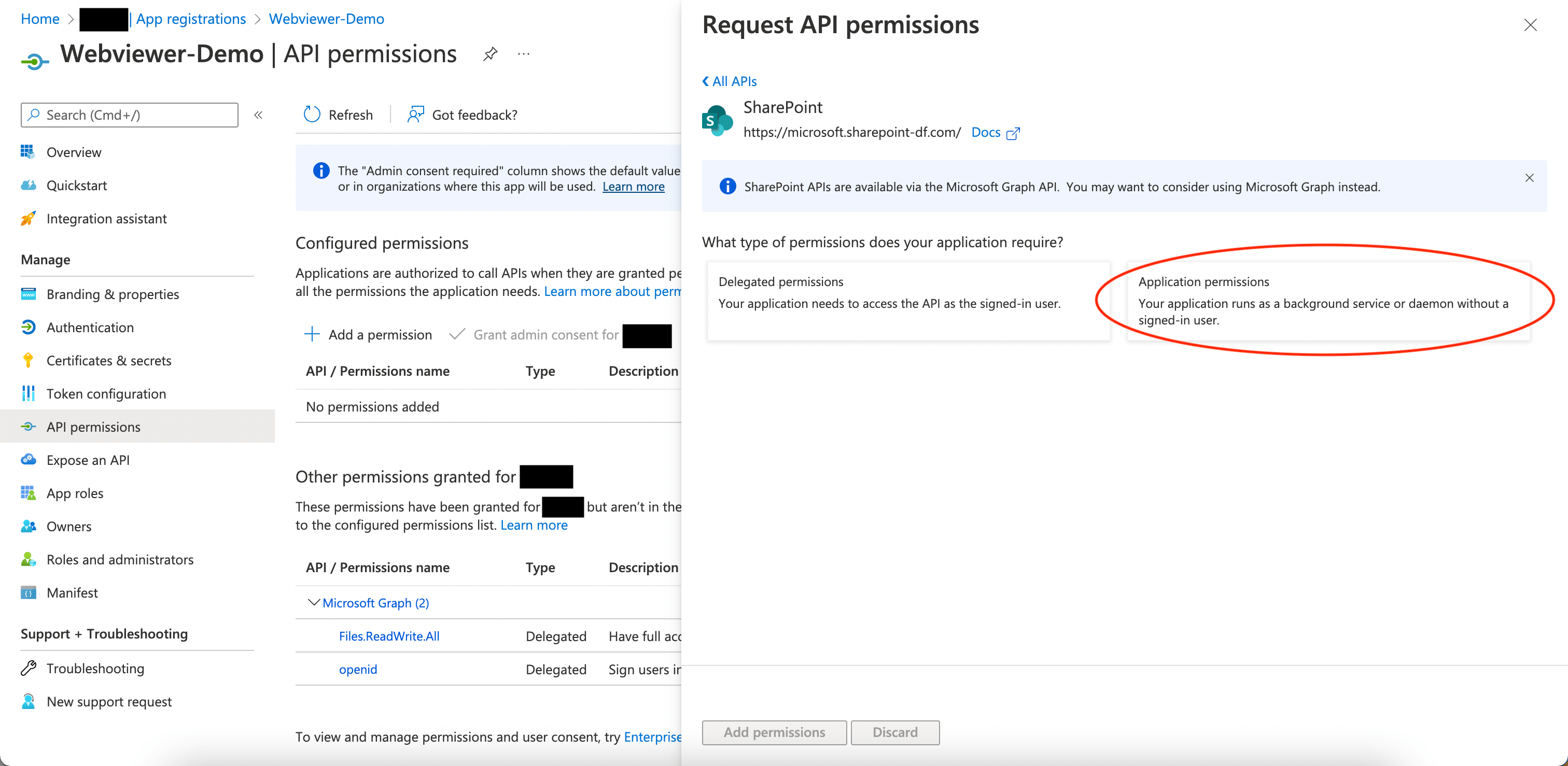 Select Application permissions