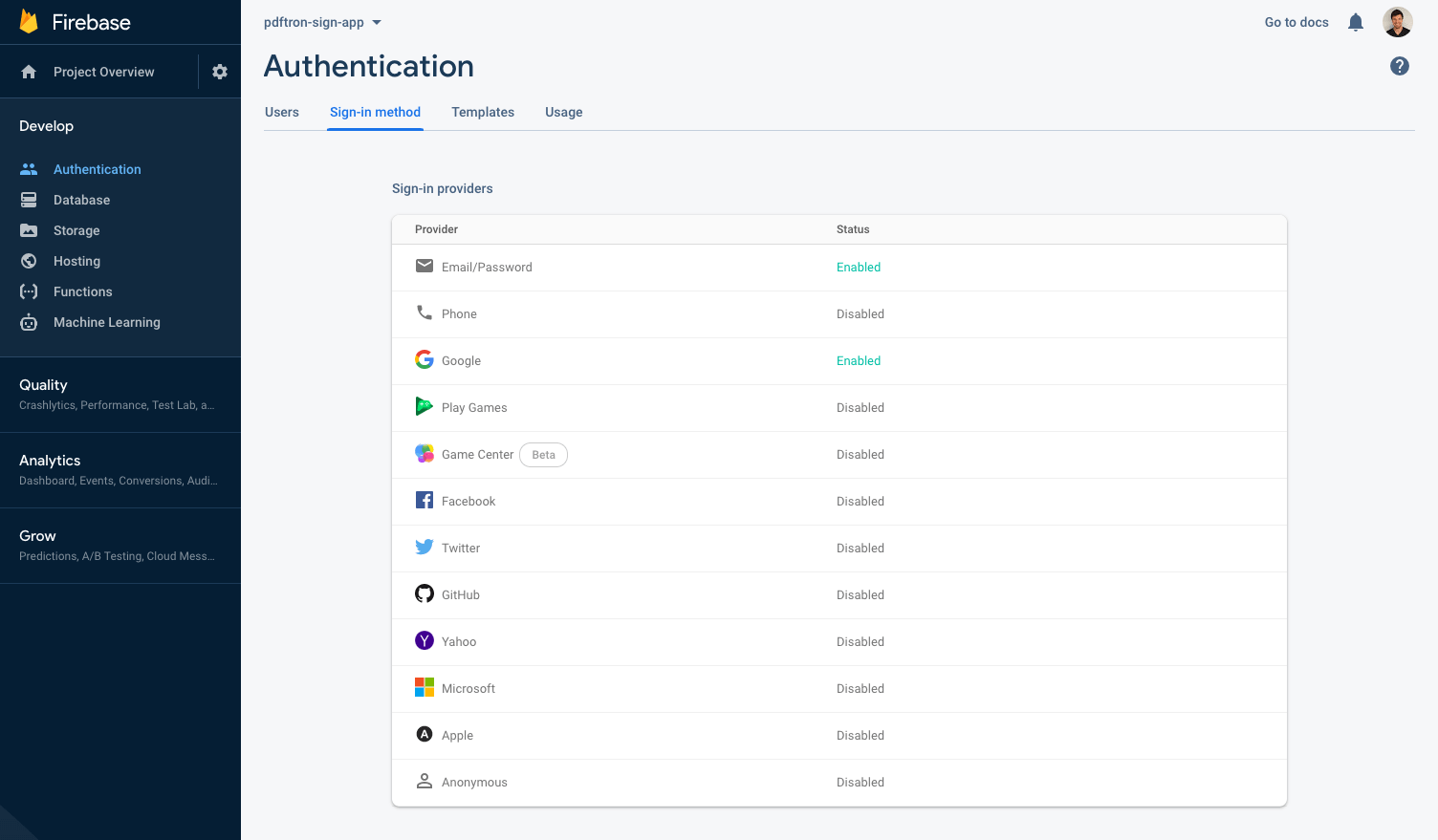 Register your PDF search app with Firebase